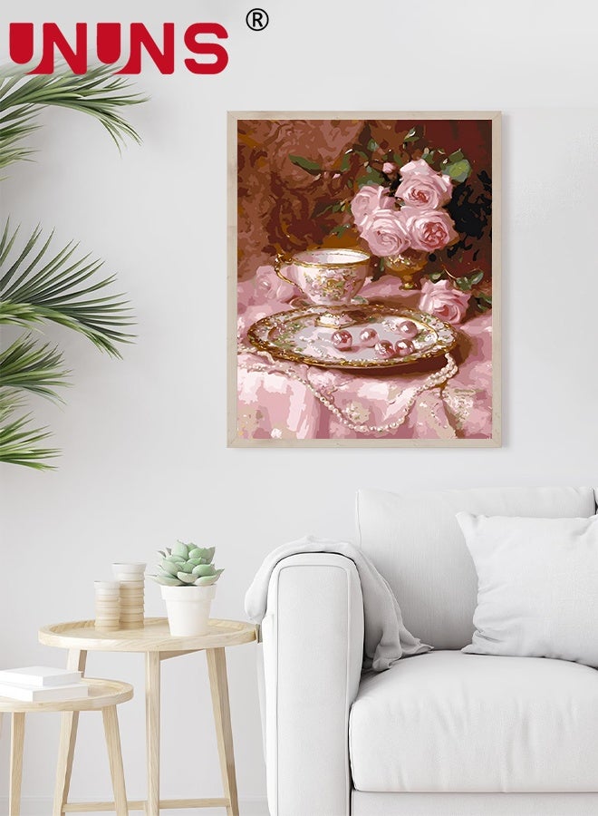 UNUNS DIY Paint by Numbers for Beginners,Pink Rose Afternoon Tea Paint by Numbers With Framed,DIY Painting Roses Acrylic Paint by Numbers Painting Kit Home Wall Living Room Bedroom Decoration Pink Pearl,40x50CM - Image 2